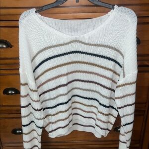 SHEIN White V-Neck Sweater with Stripes